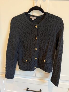 J. Crew Black Cable Knit Gold-Button Cardigan